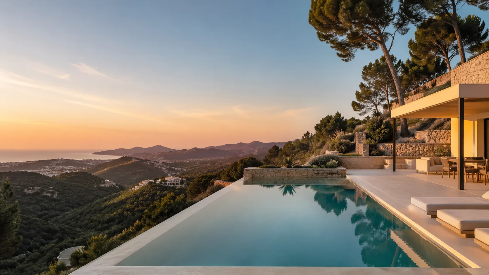 Piscina de diseño en villa de lujo en Mallorca con vistas panorámicas a la isla y la costa al atardecer